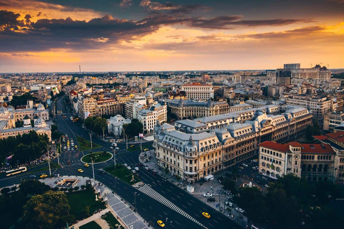Bucharest view from above during summer sunrise.