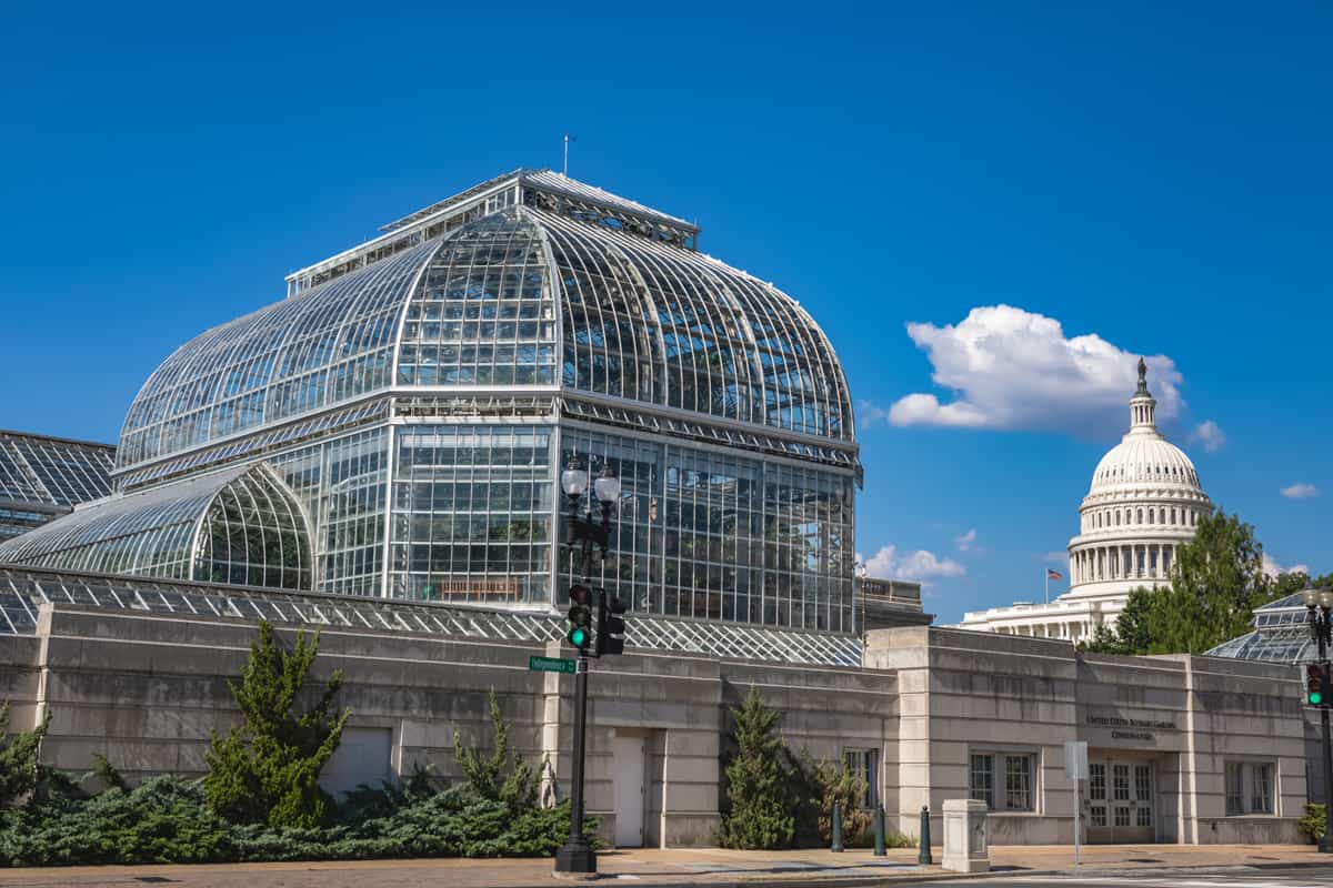 Conservatory, or greenhouse, building of the US Botanical Garden on Capitol Hill