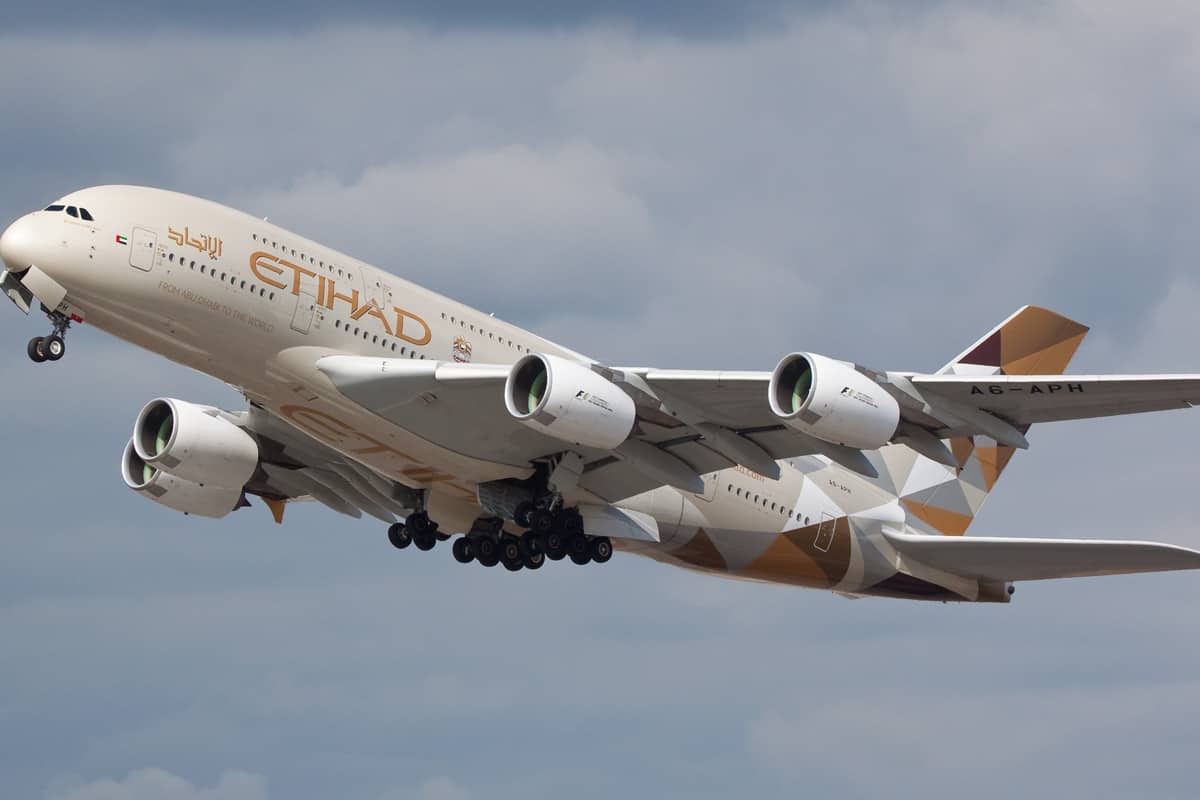 Etihad Airways Airbus A380-861 (A6-APH) taking off on May 13, 2017 at Heathrow Airport