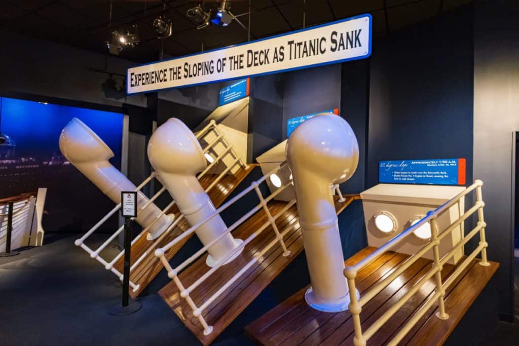 Interior of the Titanic Museum in Branson, Missouri. The photo shows an exhibit inside the museum that allows visitors  to experience the slope of the boat as the titanic sunk.