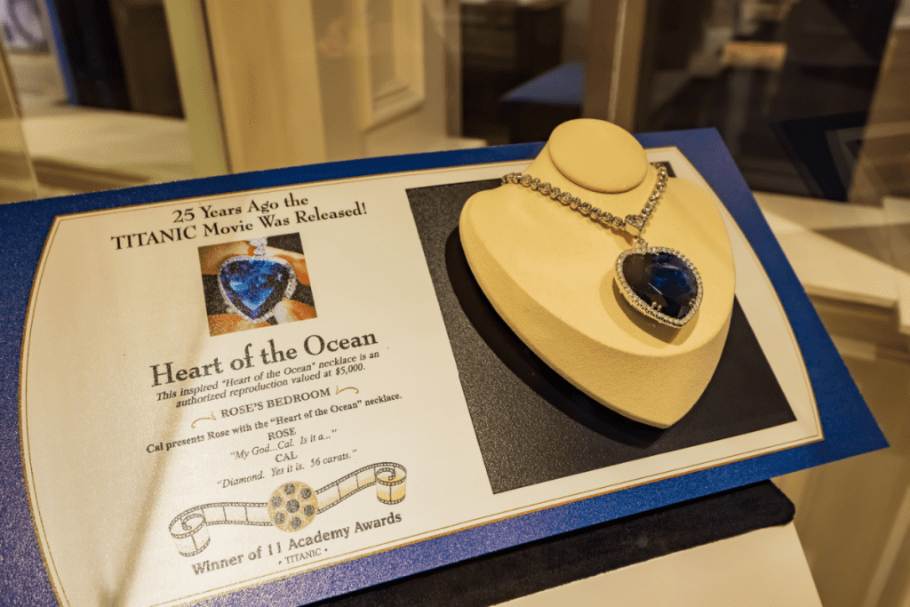 Photo of the interior of the titanic museum in branson, missouri. Photo shows the iconic necklace "the heart of the ocean"