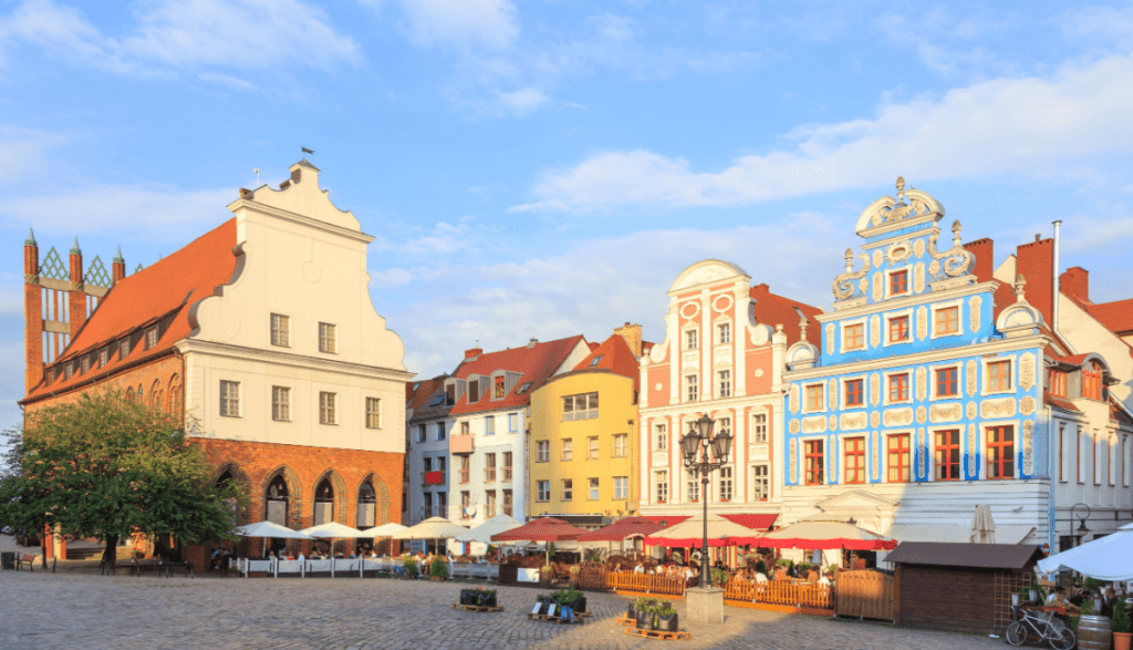 Szczecin - the historic tenement houses on the Old Town Square and the Gothic-Baroque Old Town Hall on the Polish red trail Gothic
