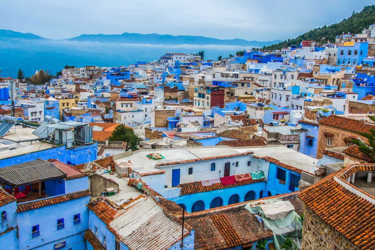 Panorama of Chefchaouen blue medina in Rif mountains, Morocco, North Africa
