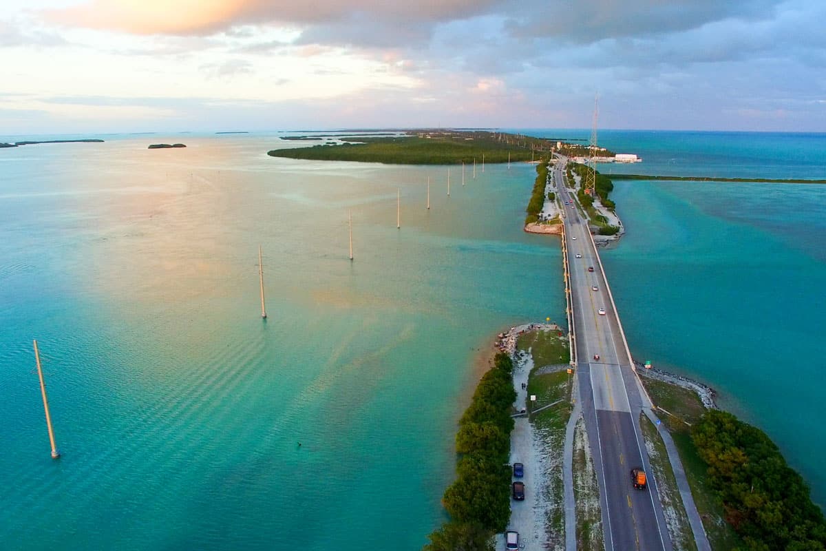 Sunset in Islamorada, Florida. Bridge over the sea, aerial view
