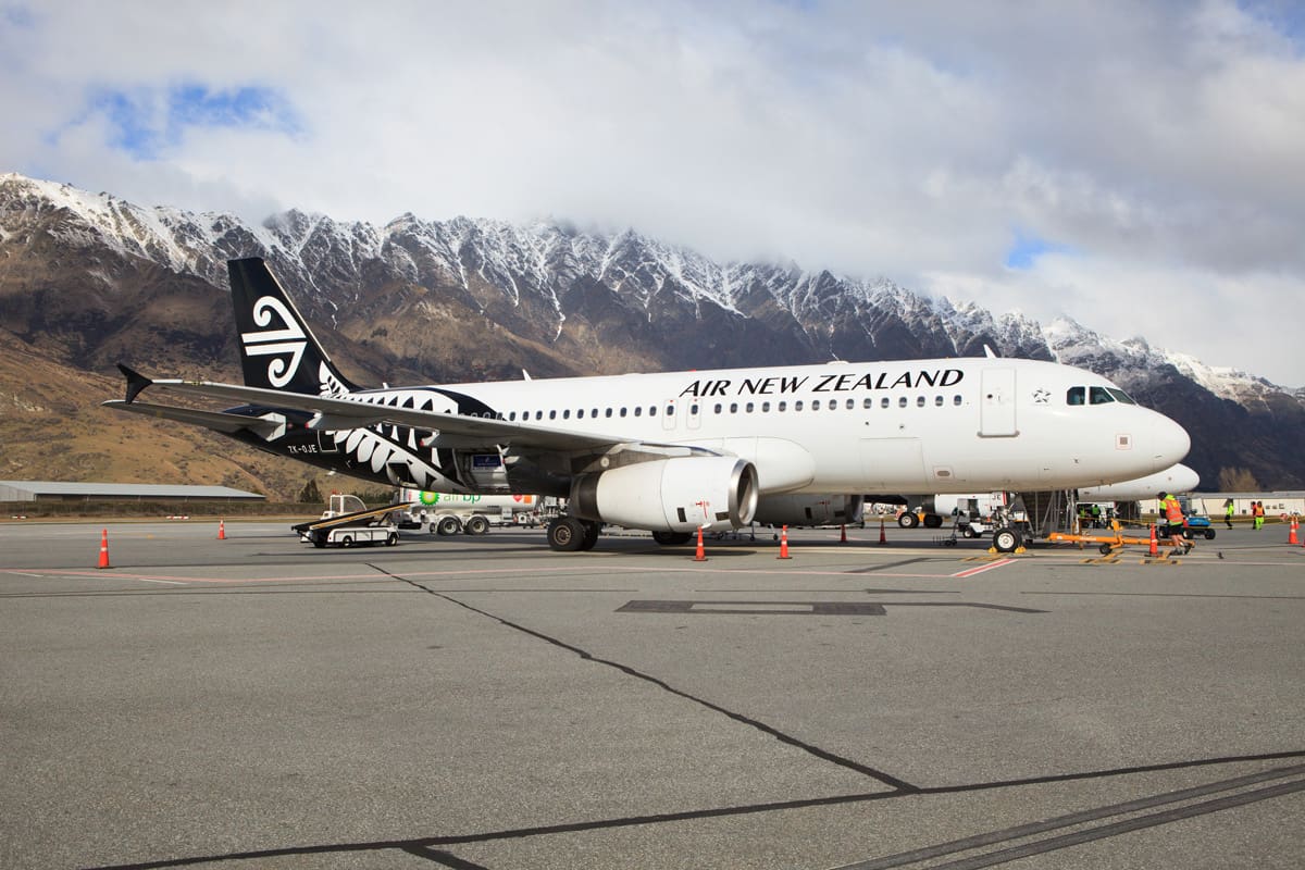 air new zealand plane preparing to flight at queenstown airport in south island new zealand