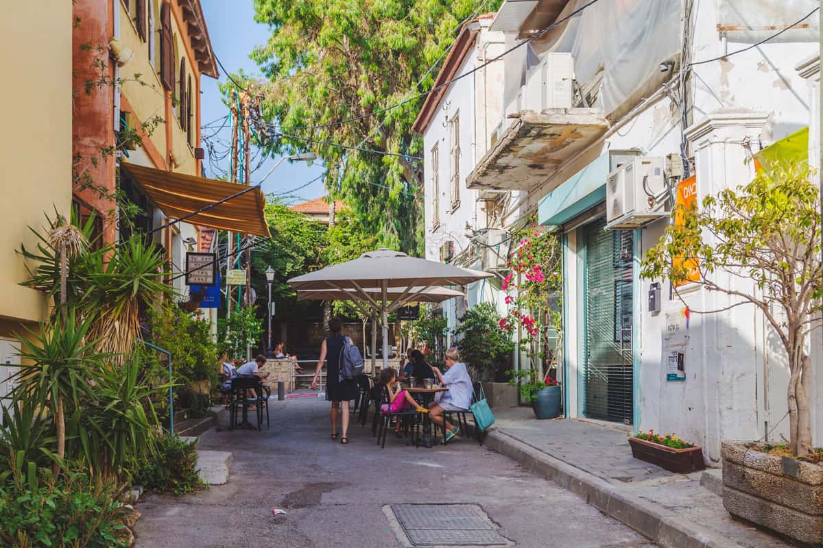 Building exteriors and streets in Neve Tzedek district of Tel Aviv, Israel. Near the old city of Jaffa, Neve Tzedek is the first Jewish settlement in Palestine.