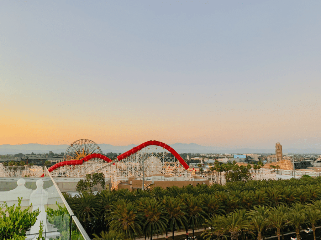 Image of the skyline in Anaheim, CA with Disneyland in the distance