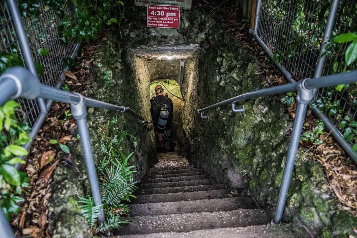 A stairway leading to the famous Devils den sinkhole