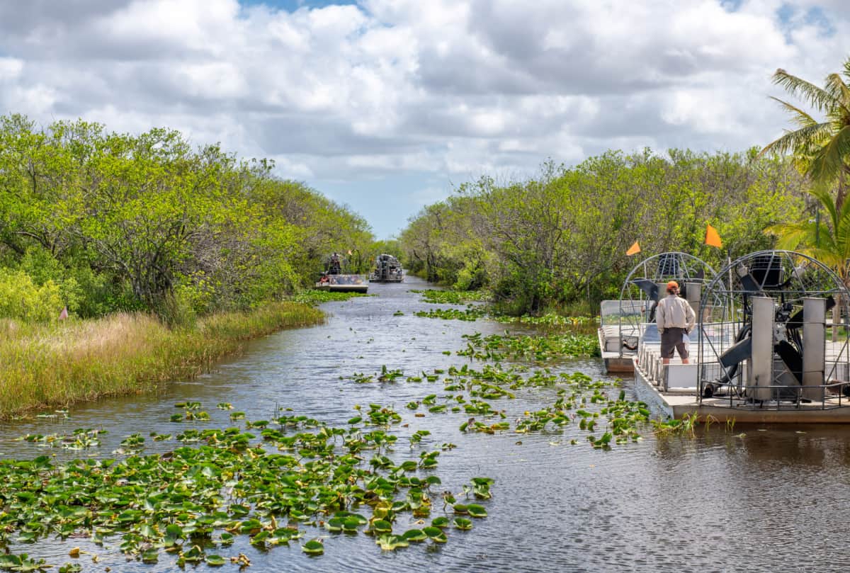 Airboats in the river of Everglades National Park Florida