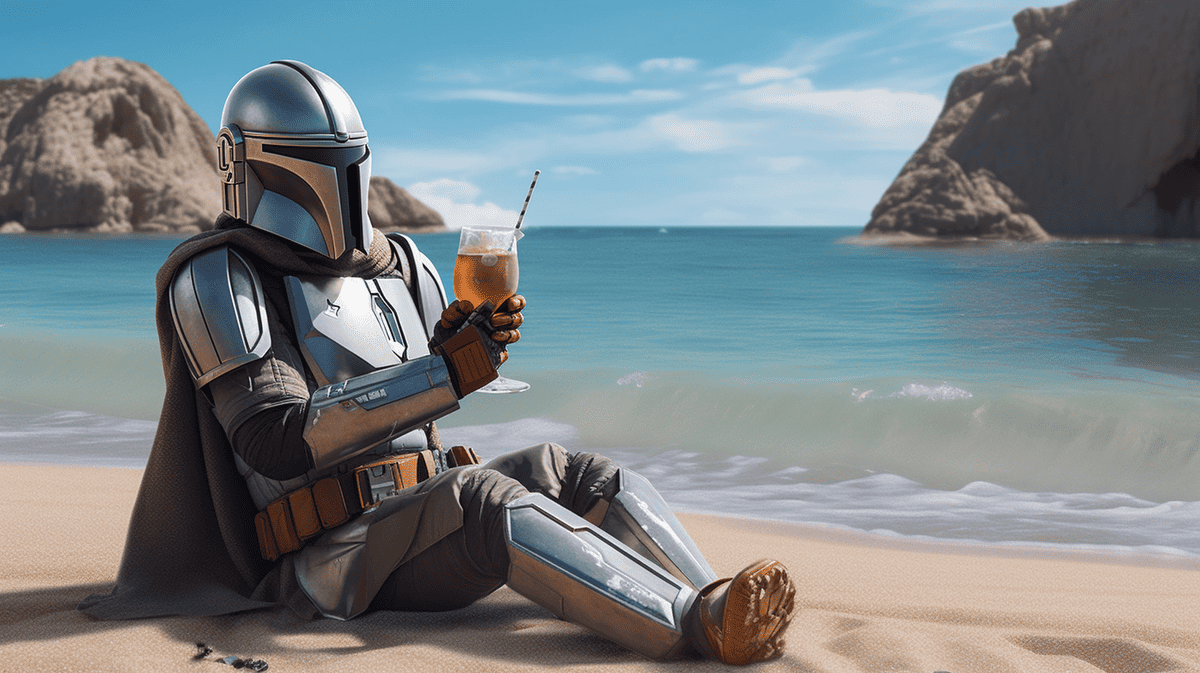 The Mandalorian drinking iced-tea at the beach, Your Favorite Sci-Fi Characters on Vacation