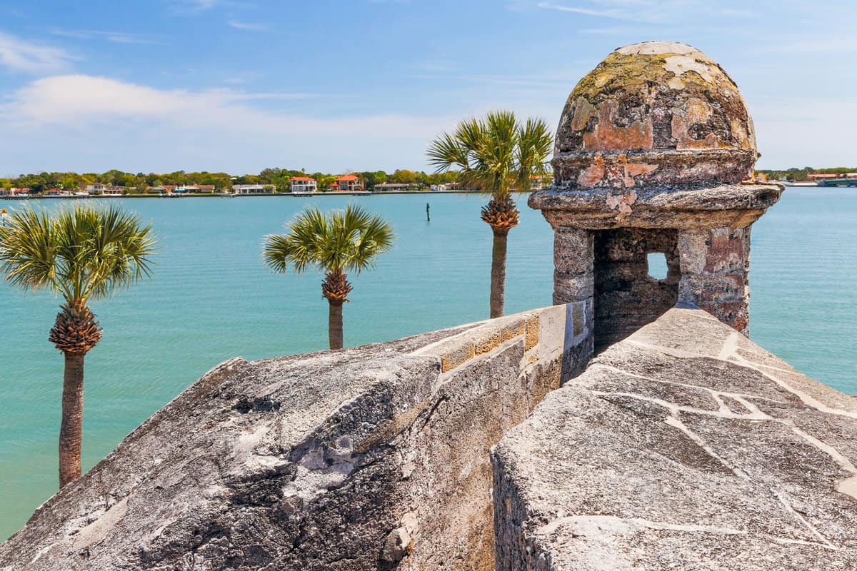 A sentry box turret overlooks Matanzas Bay at the Castillo de San Marcos, a seventeenth century Spanish Fort in Saint Augustine, Florida.