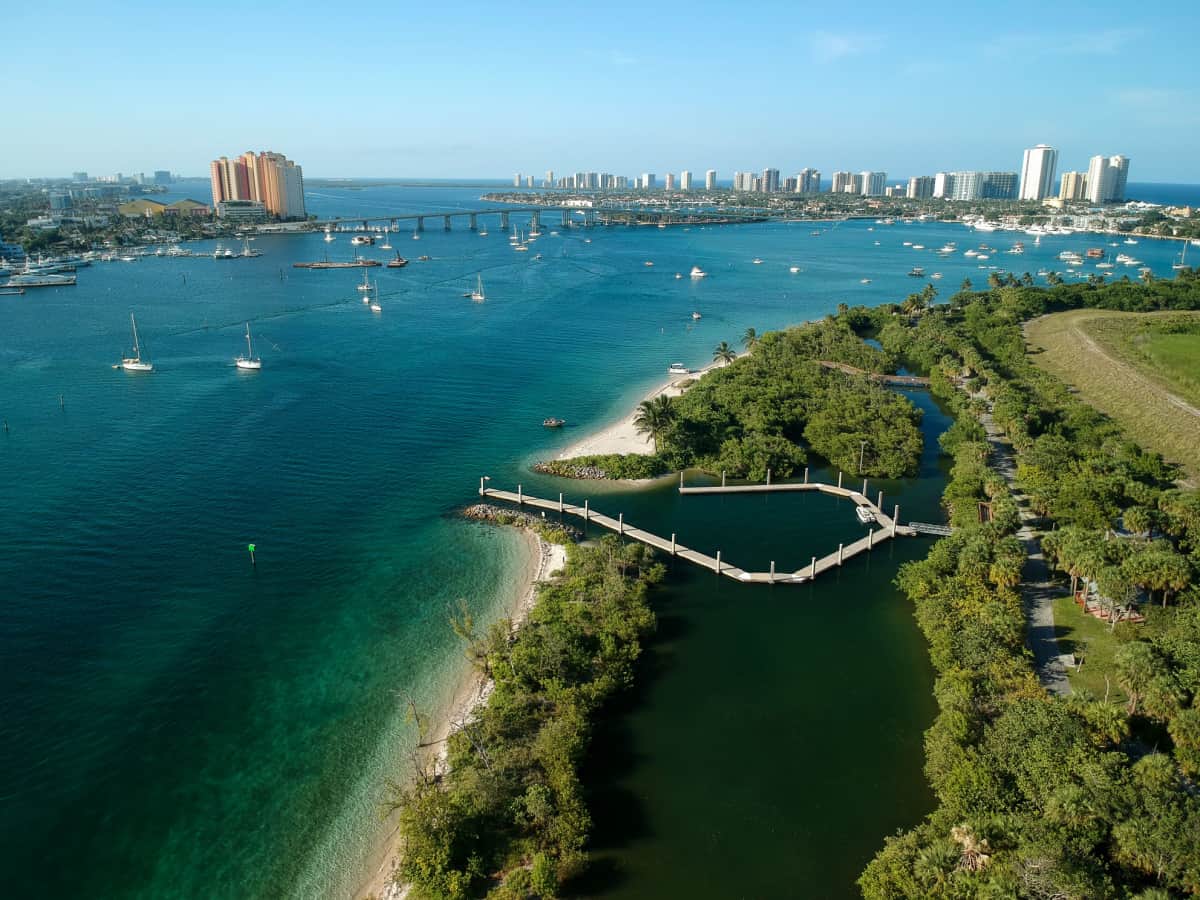 Aerial view of Peanut Island sandbar with Singer Island in the background