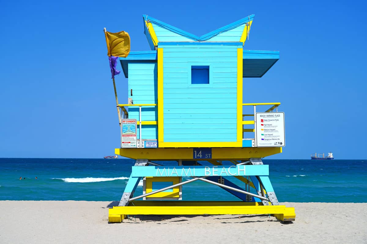 Colorful art Deco lifeguard station cabin on the beach