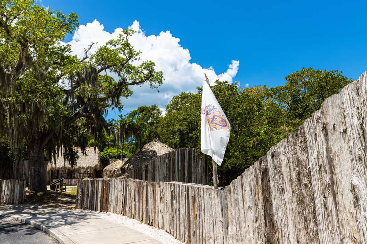 Huts on the background and the tall Fort wall in De Soto National Memorial