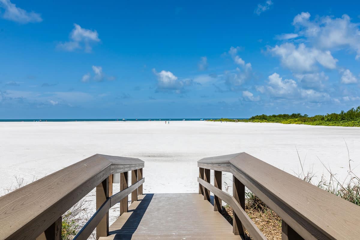 Macro Island Beach boardwalk showing the pearl white sand and beautiful beach
