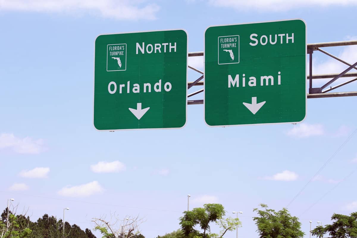 overhead sign marking the choices of Orlando or Miami on the Florida Turnpike - Orlando from miami
