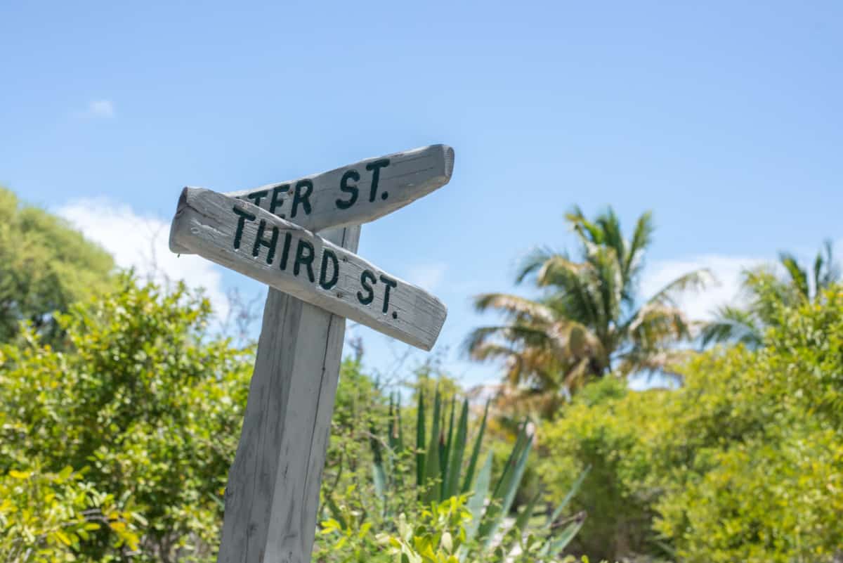 Wooden roadside sign of streets in Indian Key, Islamorada, Florida