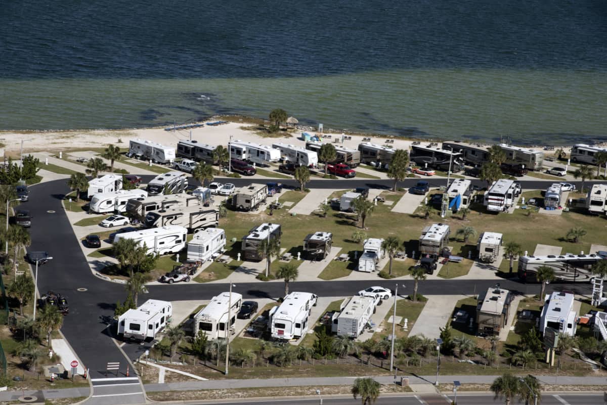 Overview of a RV seaside park on the Florida coast at Pensacola Beach