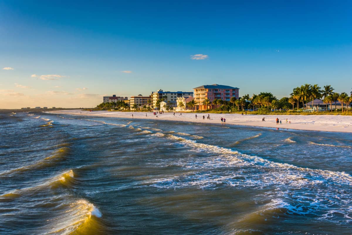View of the beach from the fishing pier in Fort Myers Beach, Florida