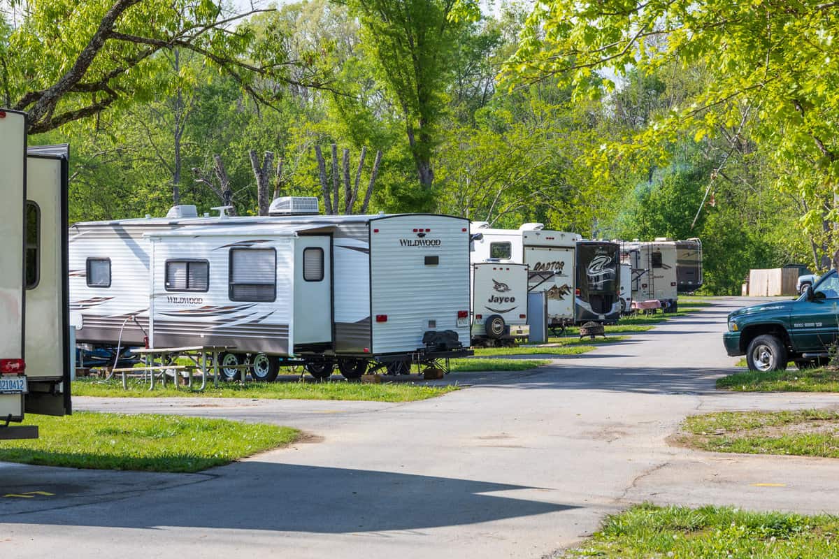 A row of camping trailers in an RV park on a sunny spring day - caladesi