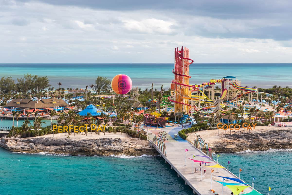 An aerial drone view of Cococay, the private island post that's owned by the Royal Caribbean cruise line where guests can spend the day having fun.