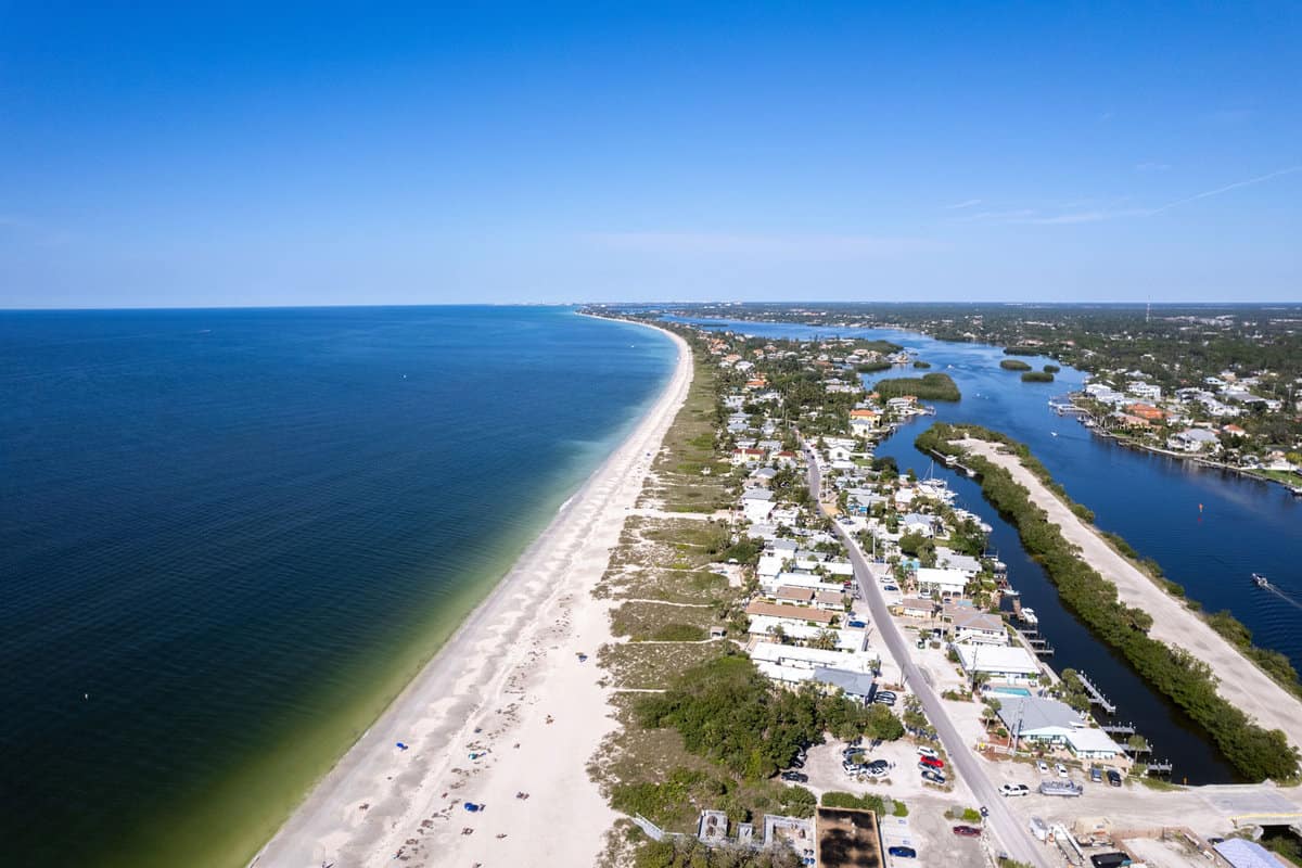Aerial Drone Nokomis Beach. Gulf of Mexico on Casey Key in Nokomis Florida, United States.