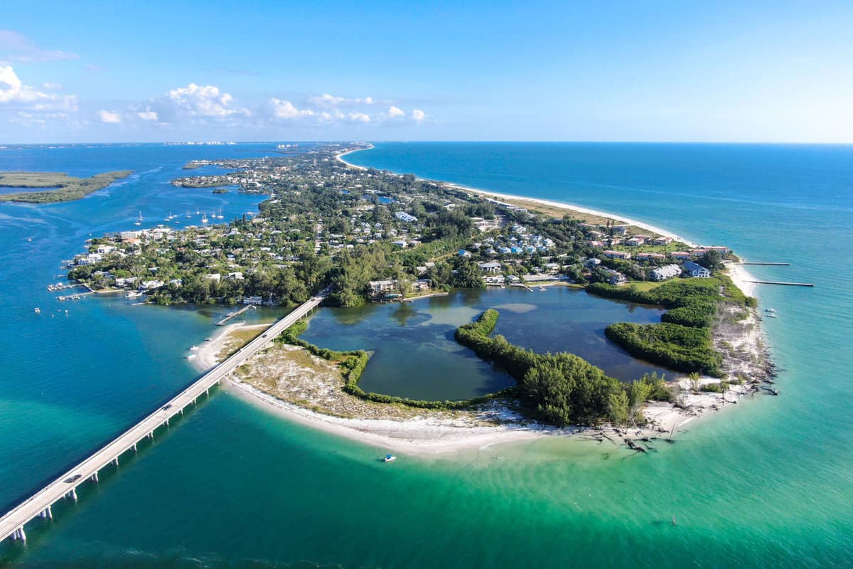 Aerial view of Longboat Key town and beaches in Manatee and Sarasota counties along the central west coast of the U.S. state of Florida,
