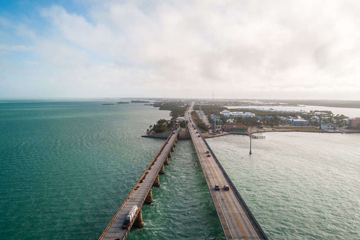 Aerial view of the Seven Mile Bridge facing Marathon, FL.
