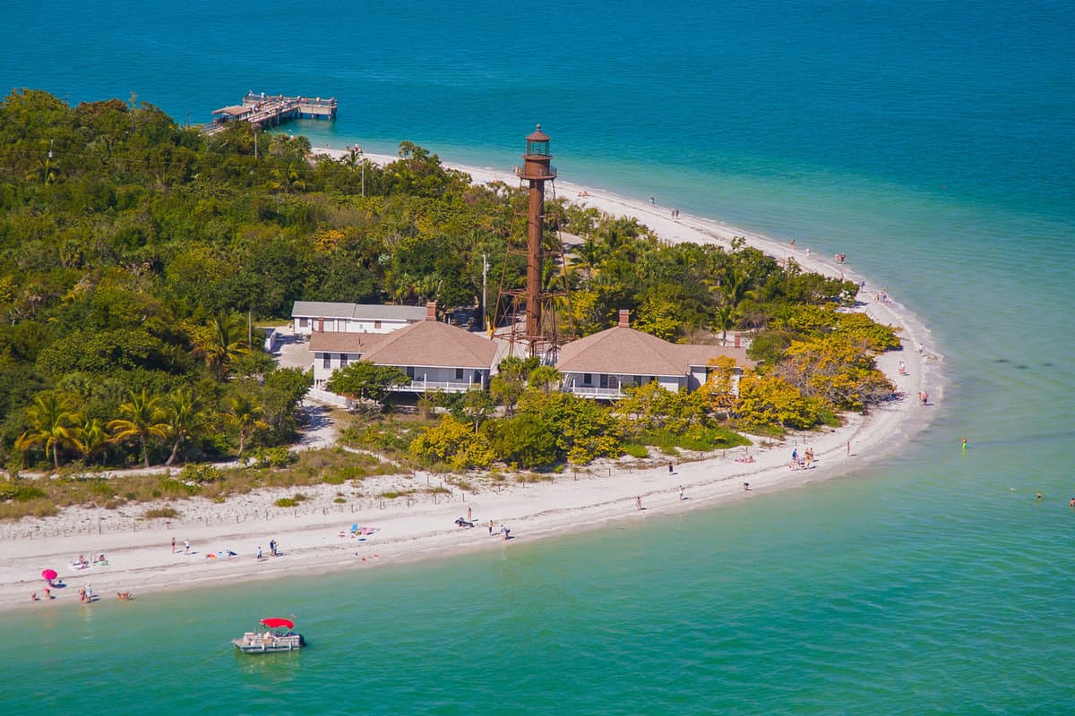 Aerial view of the historic Sanibel Lighthouse Beach Park
