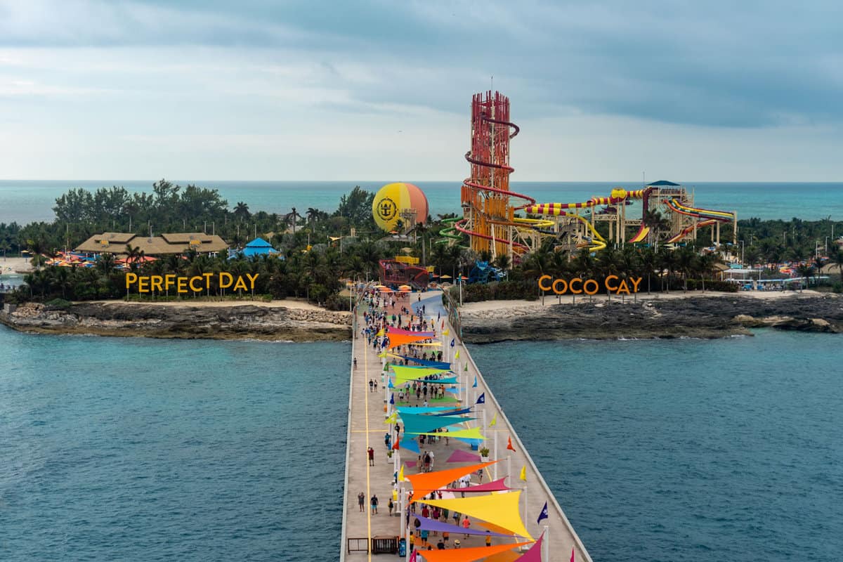 Coco Cay is leased by Royal Caribbean Cruises. Aerial view of Cococay, the private island owned by Royal Caribbean cruise line where guests can have Perfect Day at Coco Cay.