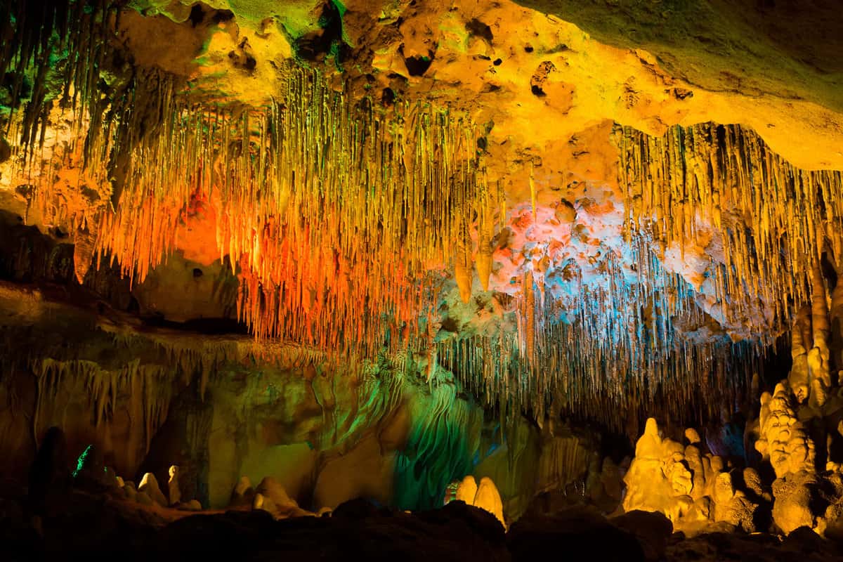 Colored lights in the cave at Florida Caverns State Park