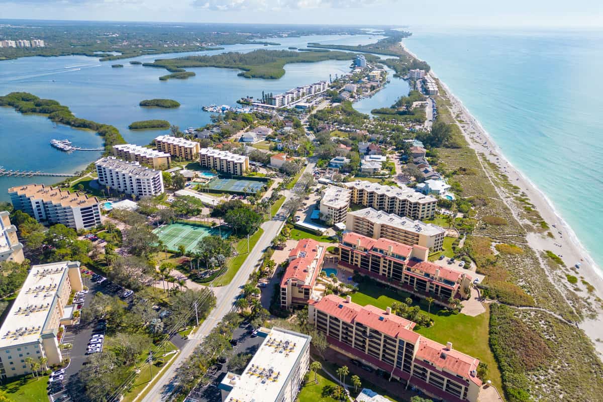 Aerial view of condominiums at Turtle Beach, Florida - Your Guide To RV Camping at Turtle Beach Campground - Siesta Key
