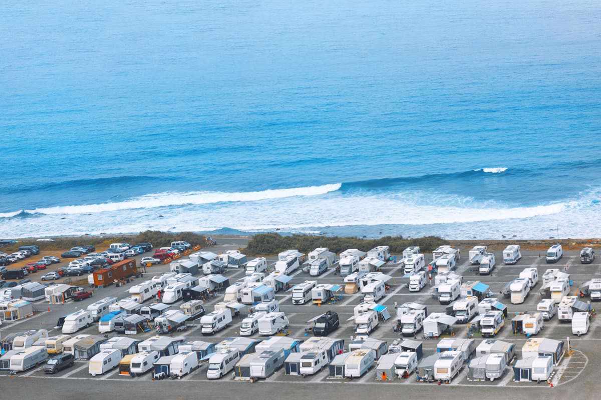 RVs parked near the gorgeous blue waters of Emeral Coast Beach Emerald, Florida