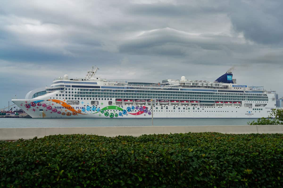View of the Norwegian Pearl, a cruise ship operated by Norwegian Cruise Lines (NCL) at Port Miami in Florida, the largest cruiseship port in the US.