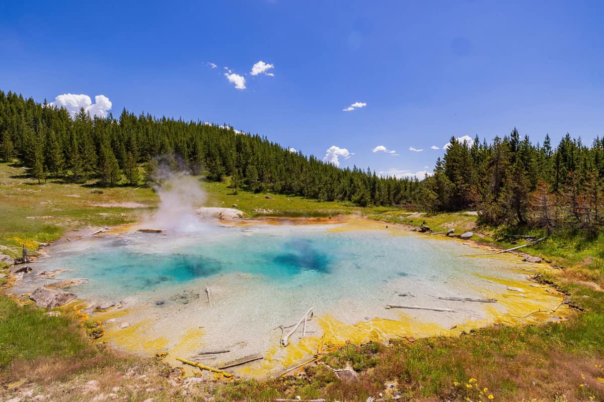 The beautiful boiling and scenic view of Imperial Geyser Trail in Yellowstone National State Park