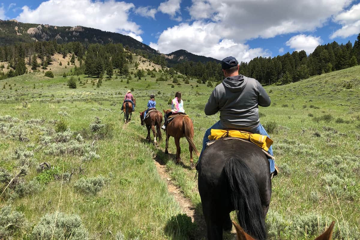 People enjoying horseback riding in the vastness of Montana