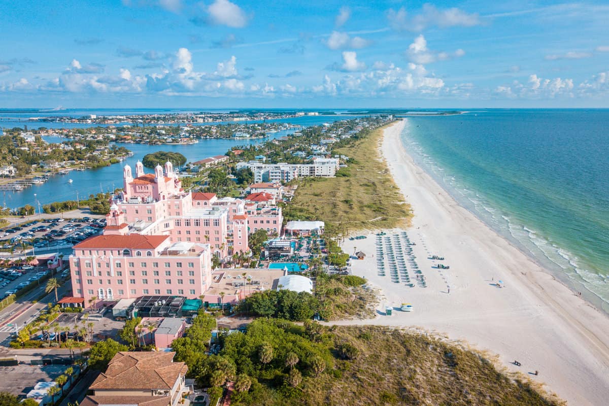 Summer vacations. St. Pete Beach Florida. Ocean beach, Hotels and Resorts in US. Blue-turquoise color of salt water. American Coast or shore line in Gulf of Mexico. St Petersburg Clearwater Florida.