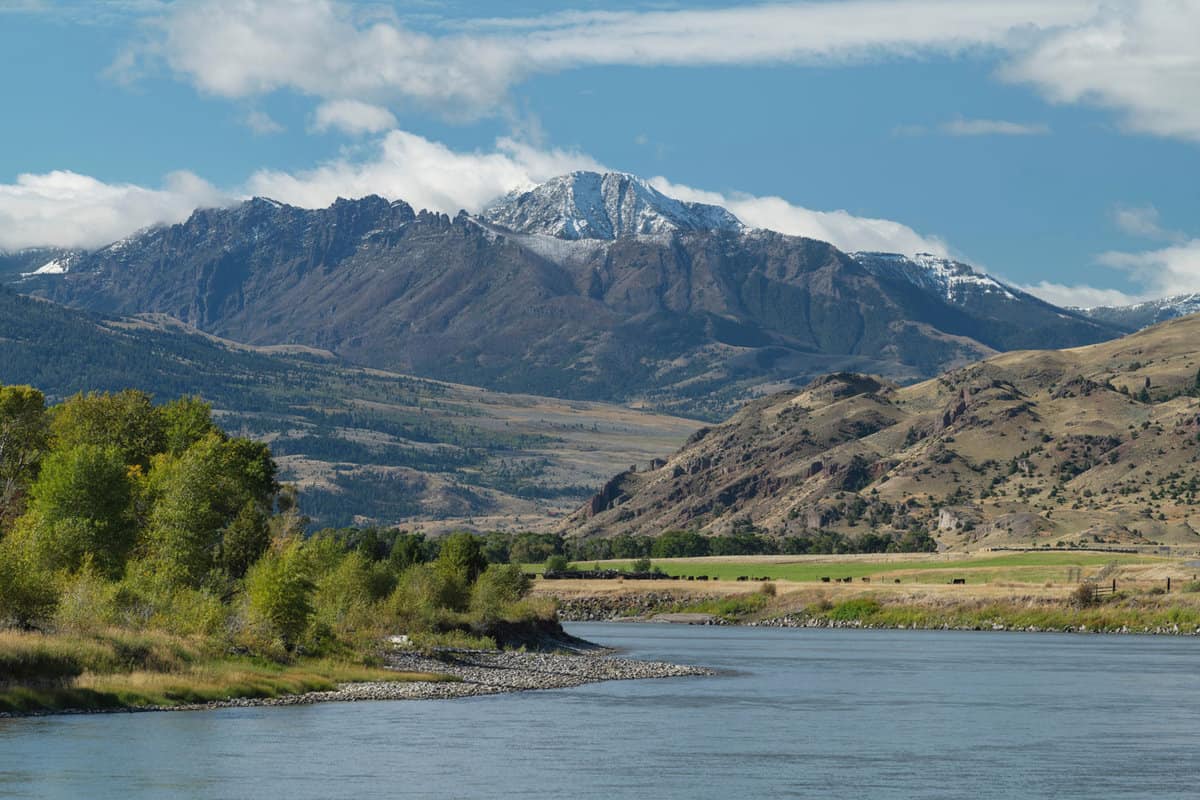 Tall hills and the gushing waters of the Yellowstone river