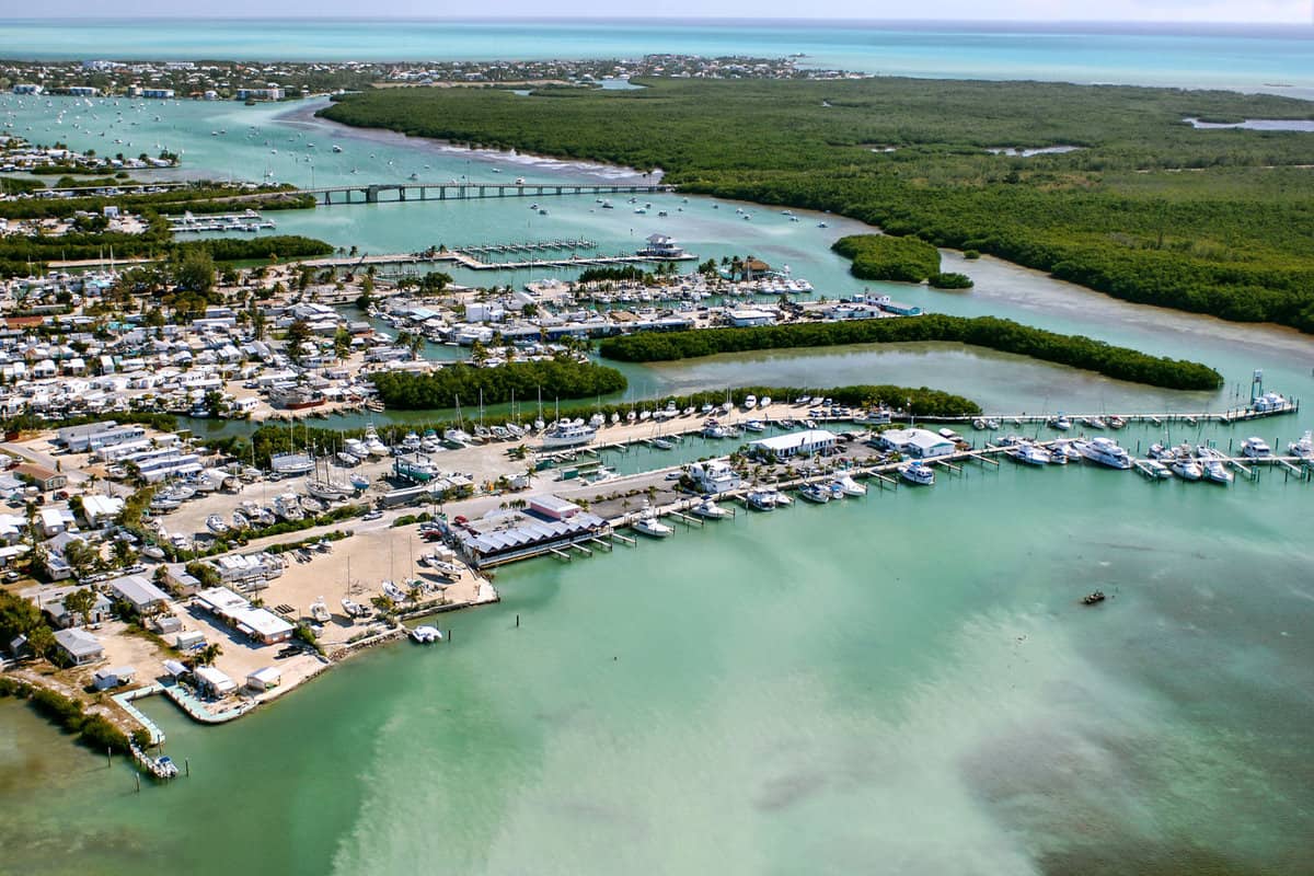 aerial view, looking to the east, of Boot Key and boating marinas in Marathon, Florida