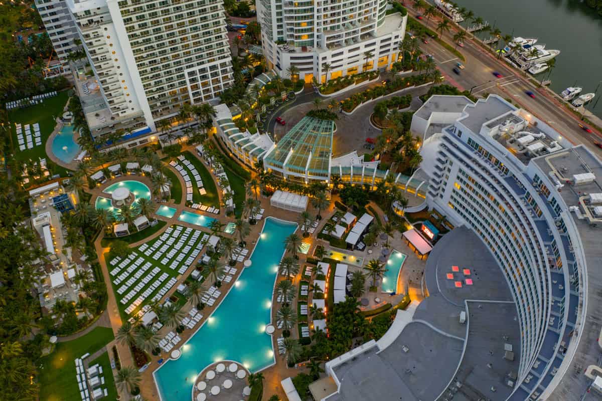  Aerial photo Fontainebleau Hotel Miami Beach lit at night