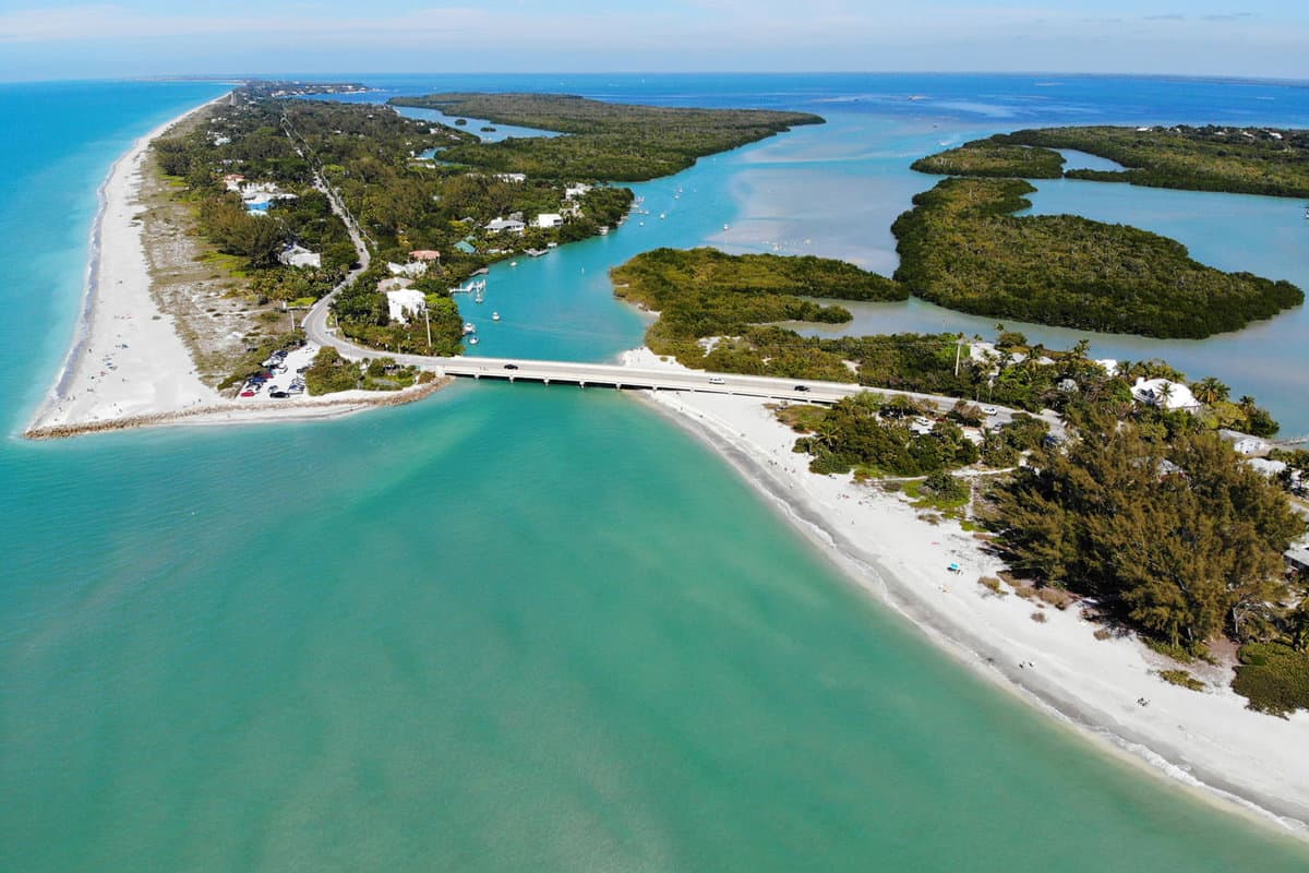 Aerial view of the road bridge between Captiva Island and Sanibel Island in Lee County, Florida, United States