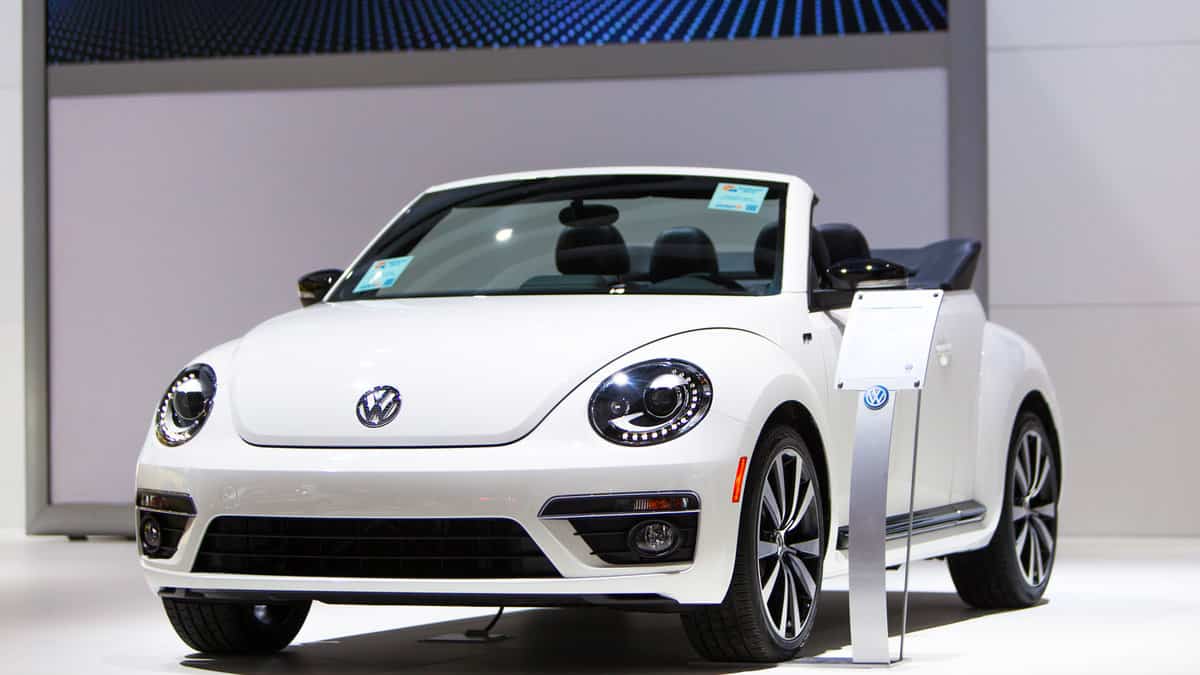 A Volkswagen Beetle convertible on display at the Chicago Auto Show 