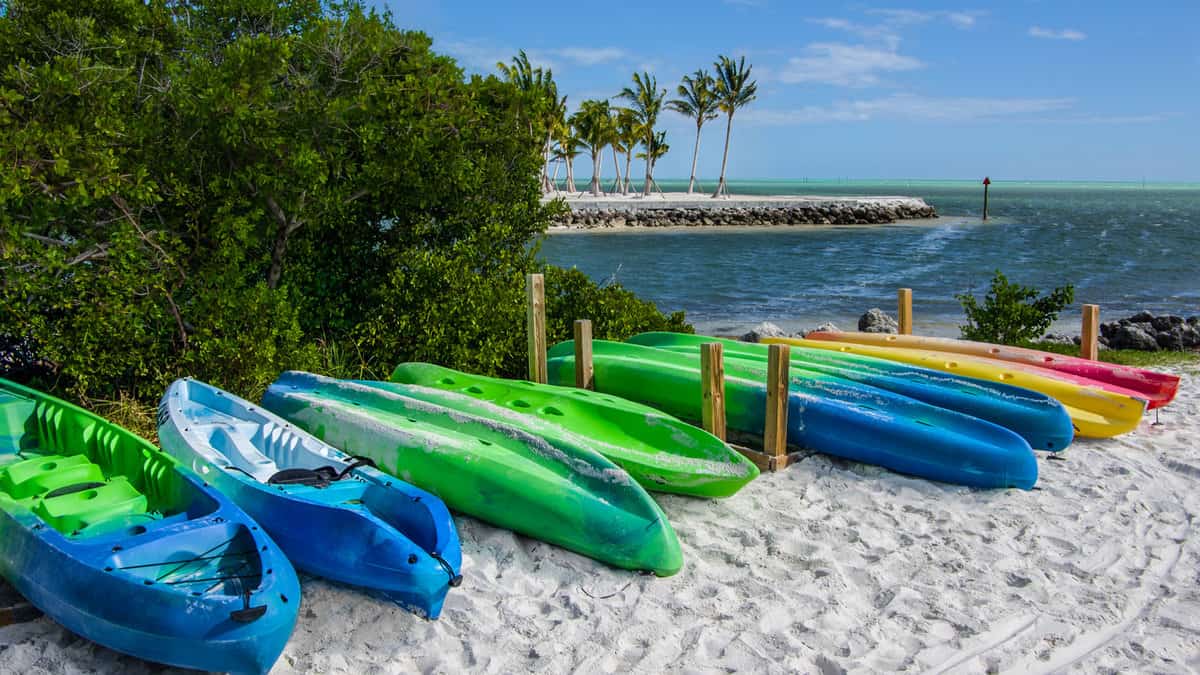 A row of rental kayaks lines the shore of an ocean inlet at a park in the Florida Keys