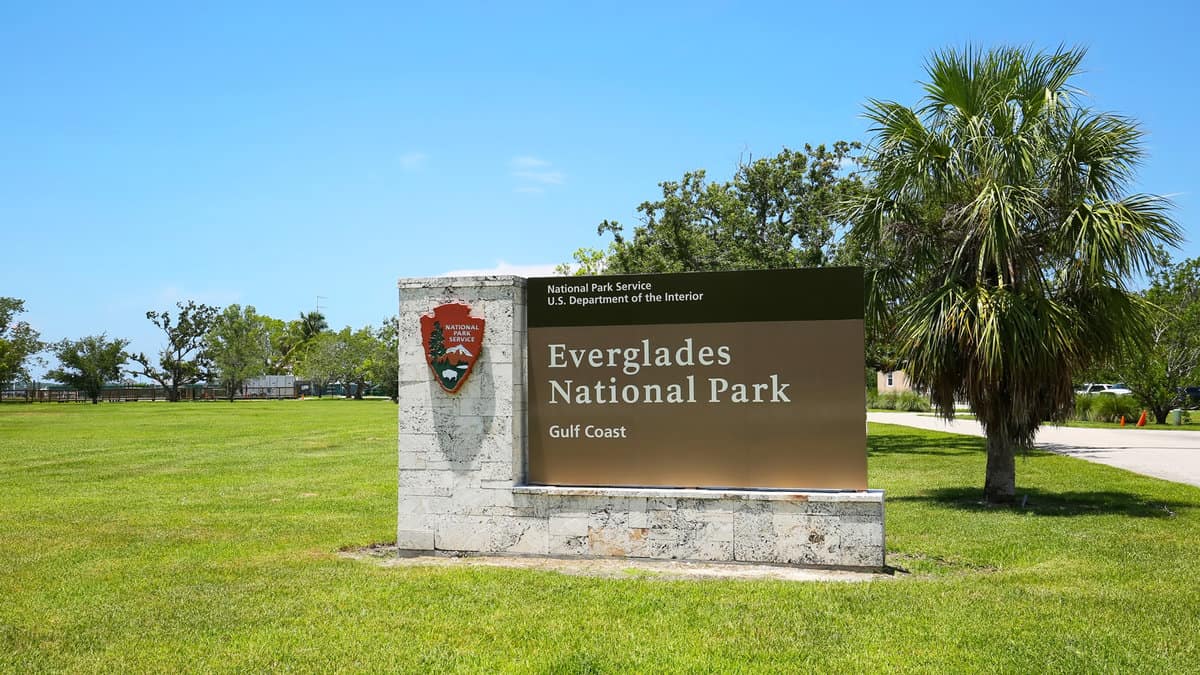 Everglades National Park Gulf Coast entrance sign at the entrance to the park, as seen on