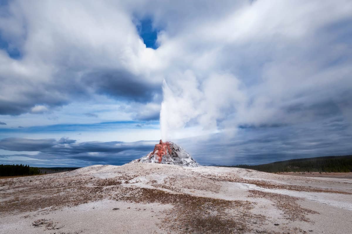The scenic view of Great Fountain Geyser in Yellowstone National Park