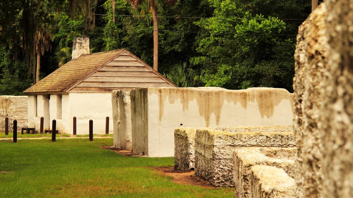 Old slave cabins at the Kingsley Plantation in the Timucuan Ecological and Historic National Preserve in Jacksonville, Florida