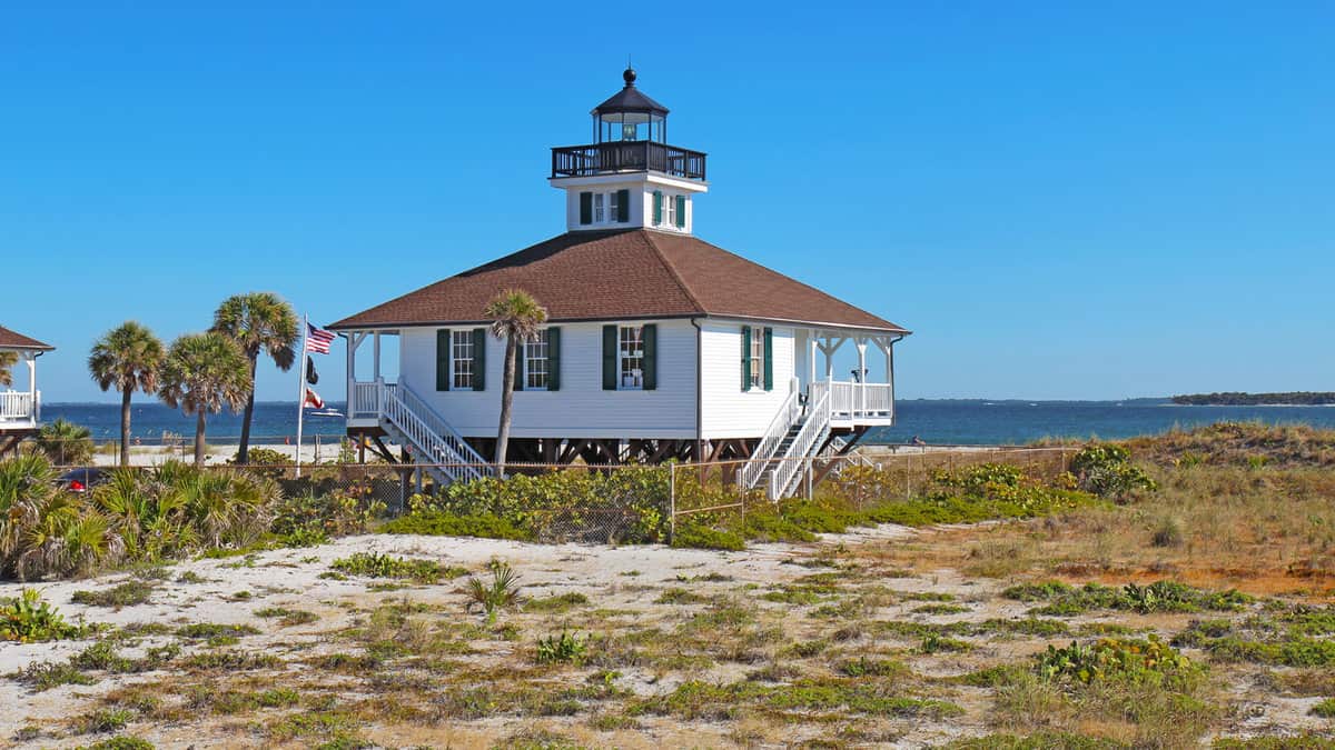 The Port Boca Grande Lighthouse on Gasparilla Island, Florida against a bright blue sky