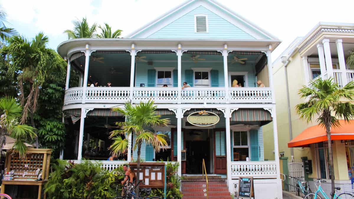 The facade of the historical Bagatelle Island Restaurant in Key West, Florida, United States