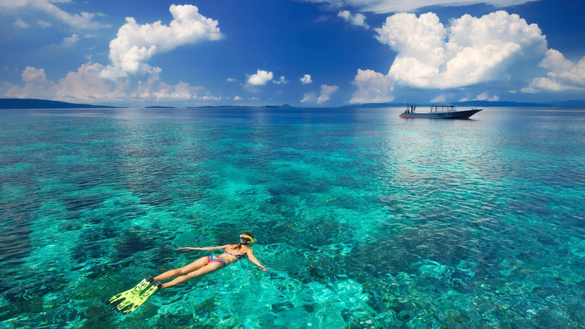 Young woman in swimsuit snorkeling in transparent tropical sea above coral reef