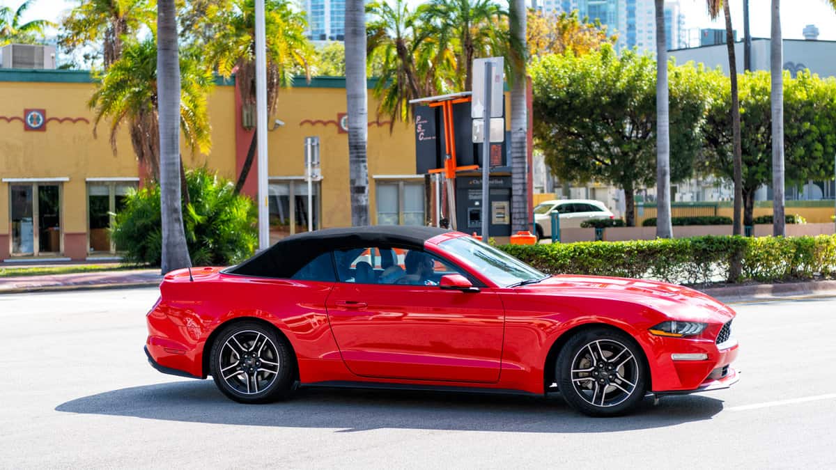 red ford mustang convertible car, side view